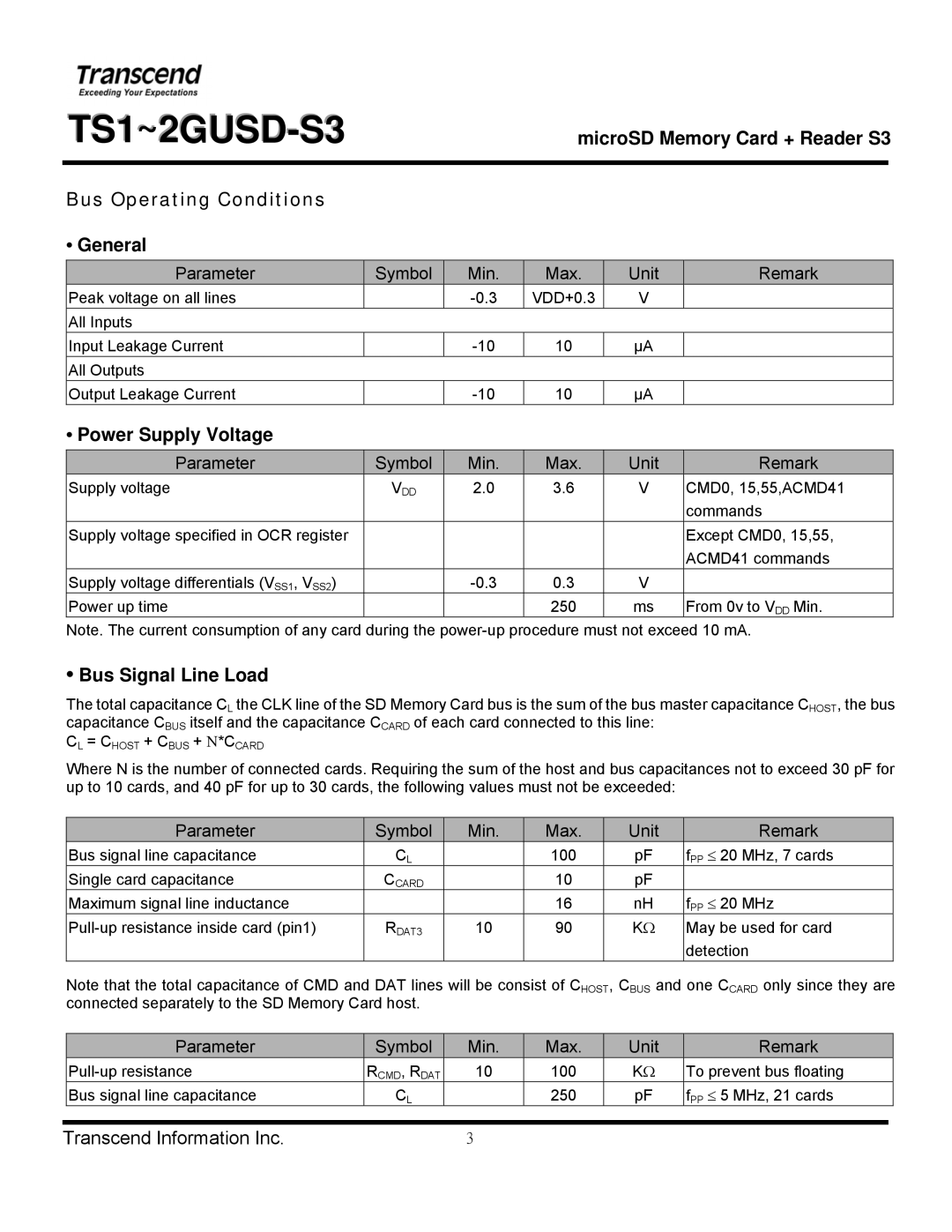 Transcend Information TS1~2GUSD-S3 manual Bus Operating Conditions General, Power Supply Voltage, Bus Signal Line Load 