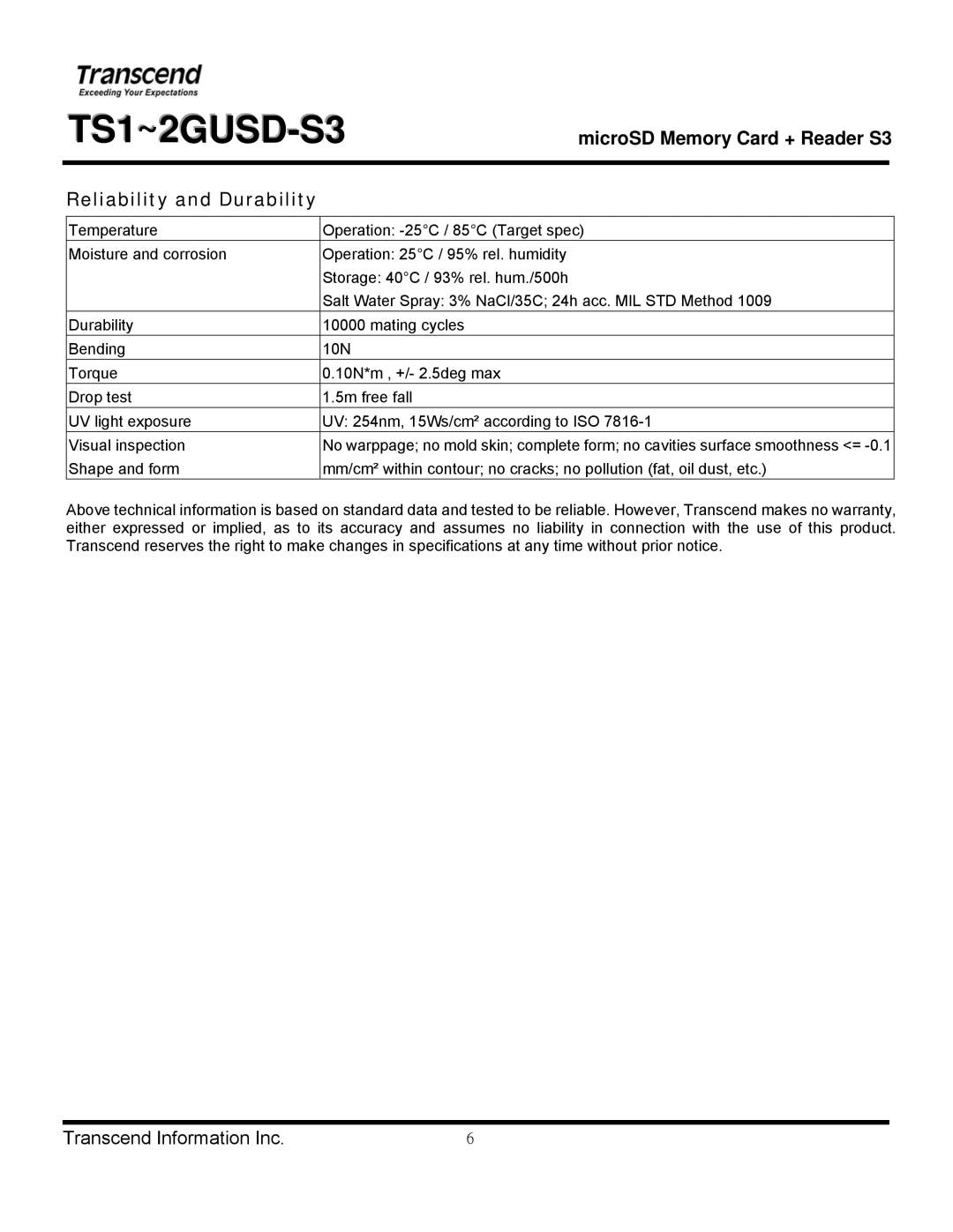 Transcend Information TS1~2GUSD-S3 manual Reliability and Durability 