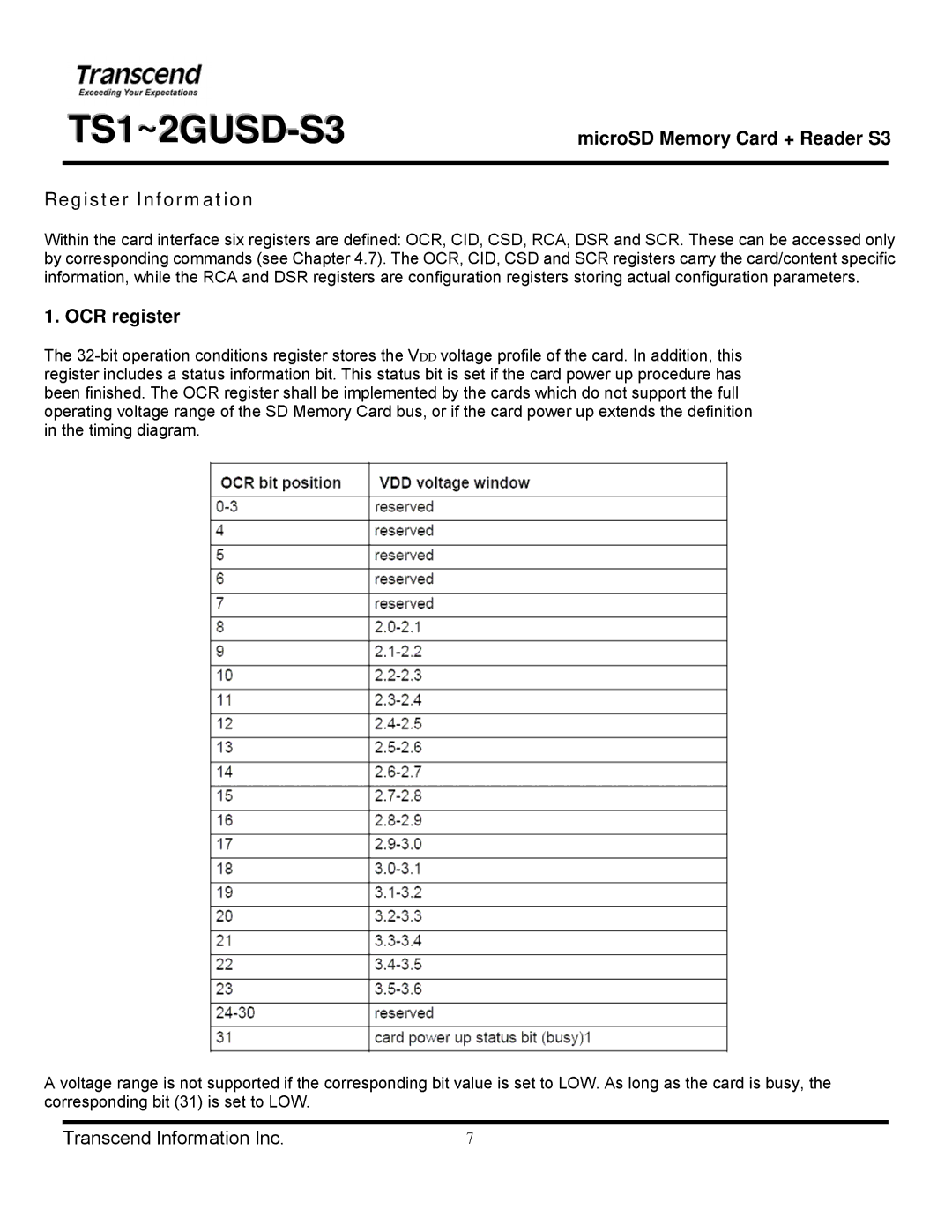 Transcend Information TS1~2GUSD-S3 manual Register Information, OCR register 