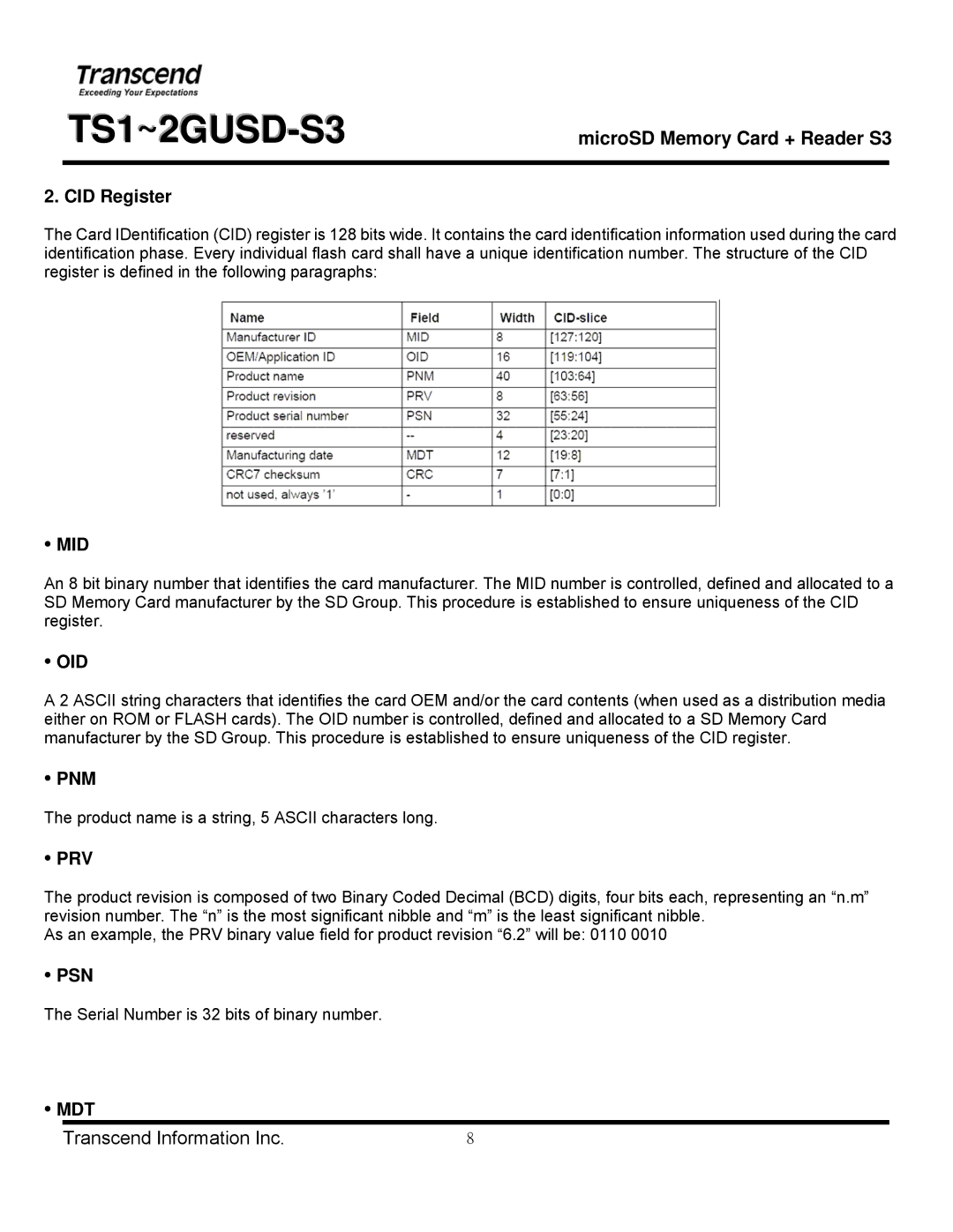 Transcend Information TS1~2GUSD-S3 manual Mid, Oid, Pnm, Prv, Psn, Mdt 