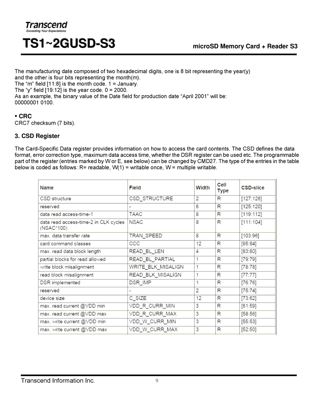 Transcend Information TS1~2GUSD-S3 manual Crc, CSD Register 