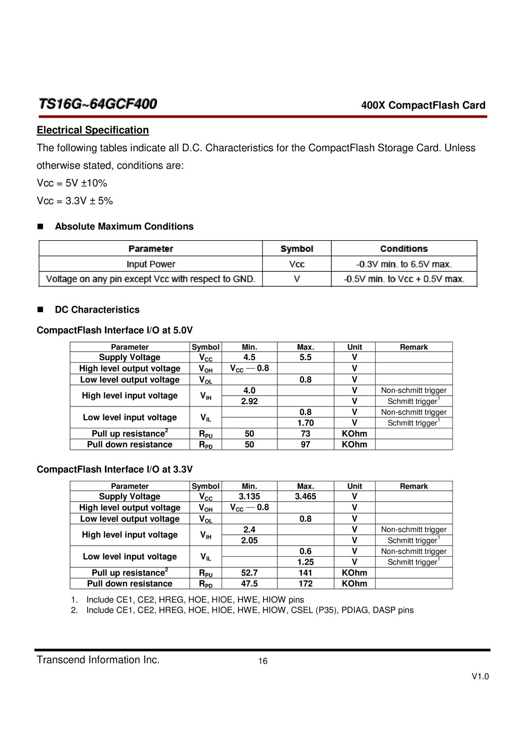 Transcend Information TS16G-64GCF400, 400X dimensions Electrical Specification, CompactFlash Interface I/O at 