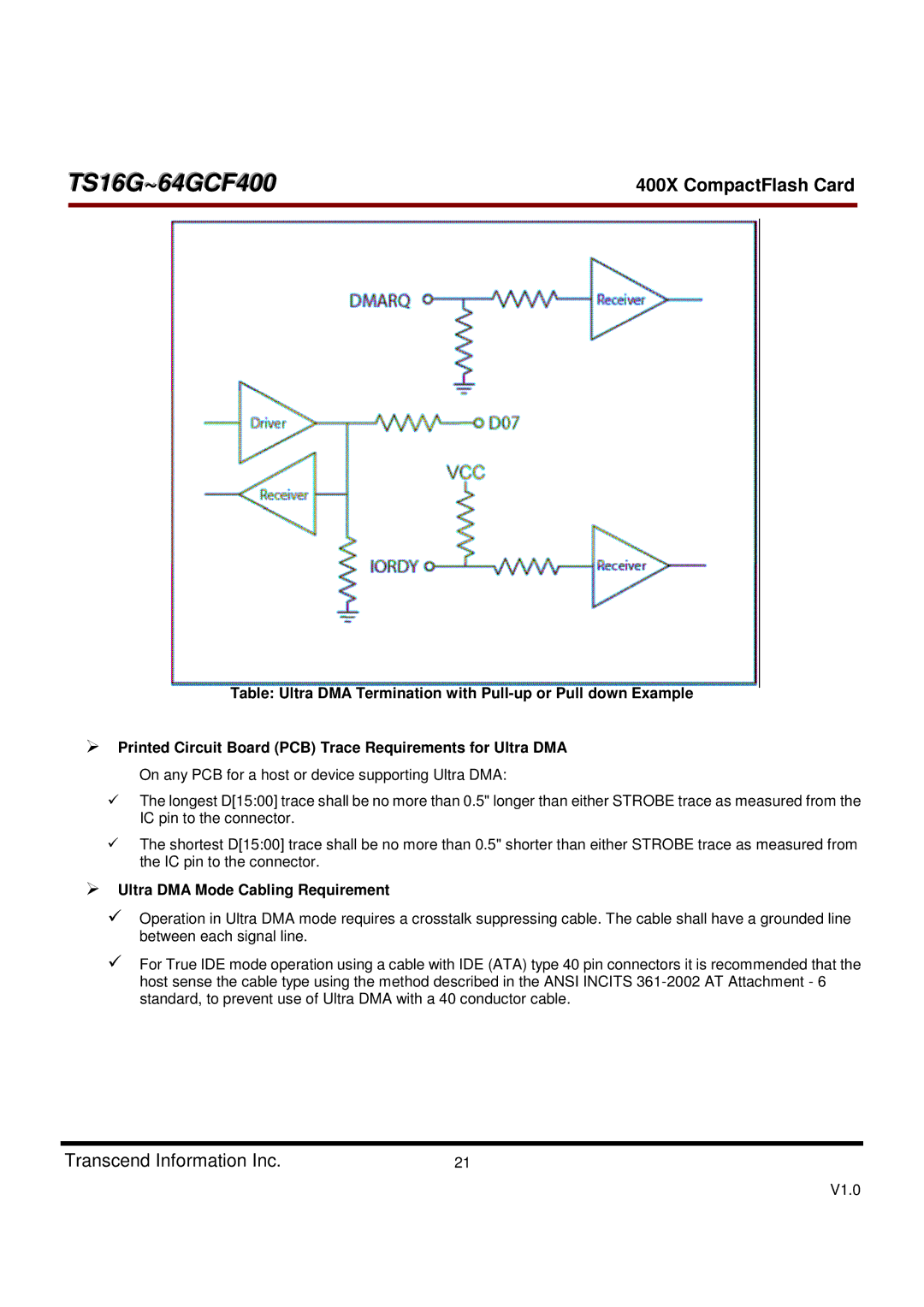 Transcend Information 400X, TS16G-64GCF400 dimensions Ultra DMA Mode Cabling Requirement 