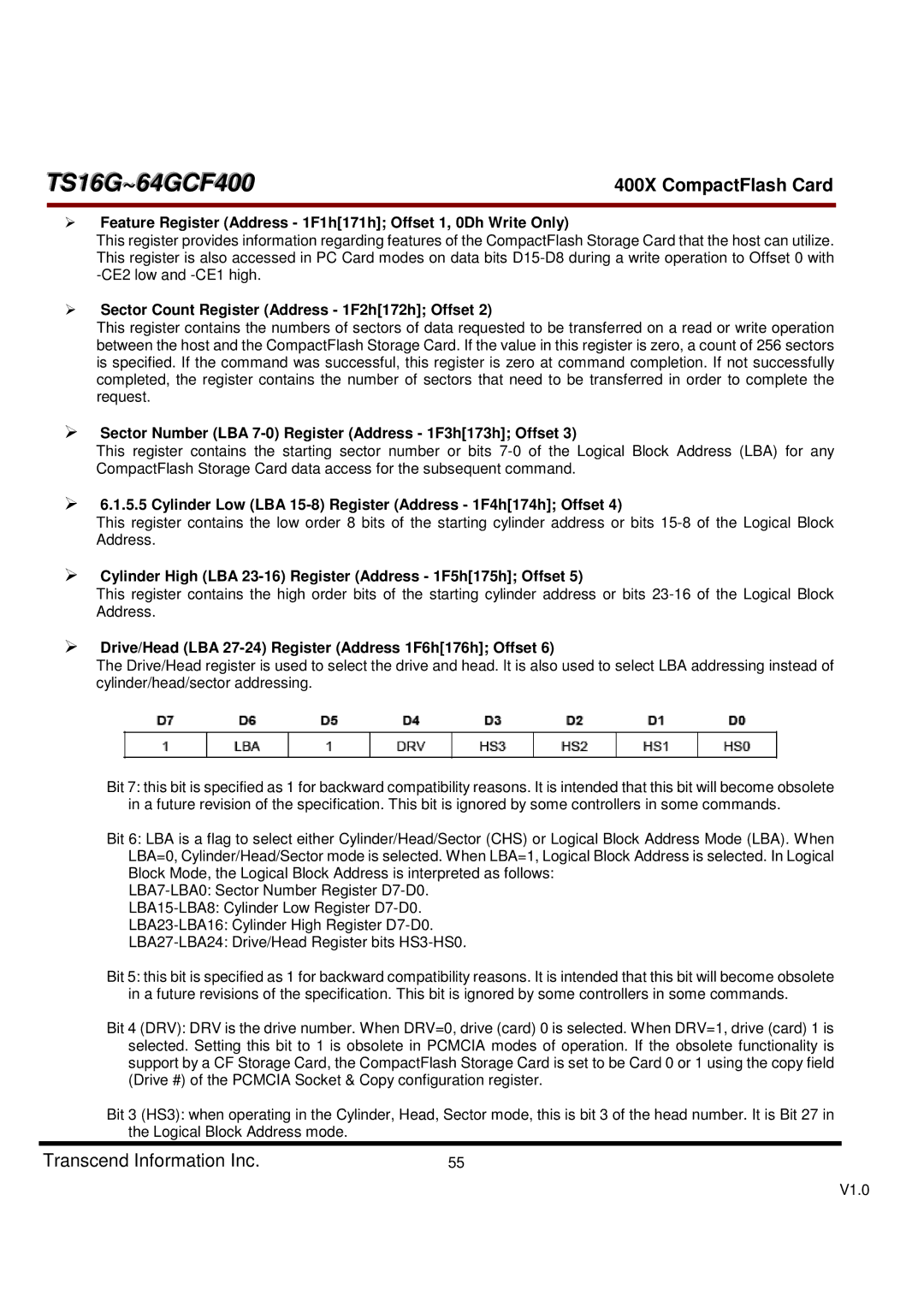 Transcend Information 400X, TS16G-64GCF400 dimensions Feature Register Address 1F1h171h Offset 1, 0Dh Write Only 