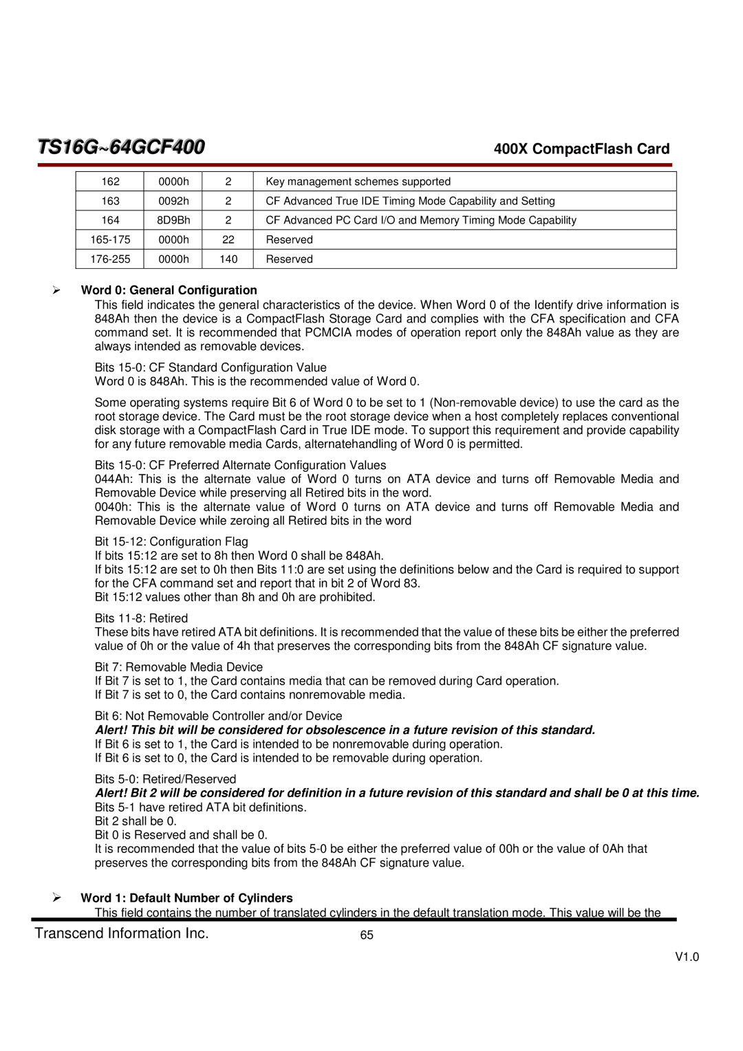 Transcend Information 400X dimensions Word 0 General Configuration, Word 1 Default Number of Cylinders, Reserved 176-255 