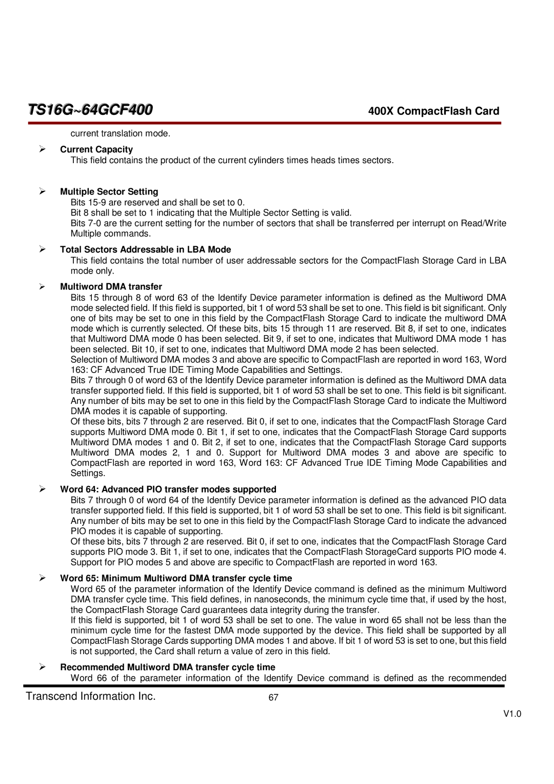 Transcend Information 400X dimensions Current Capacity, Multiple Sector Setting, Total Sectors Addressable in LBA Mode 