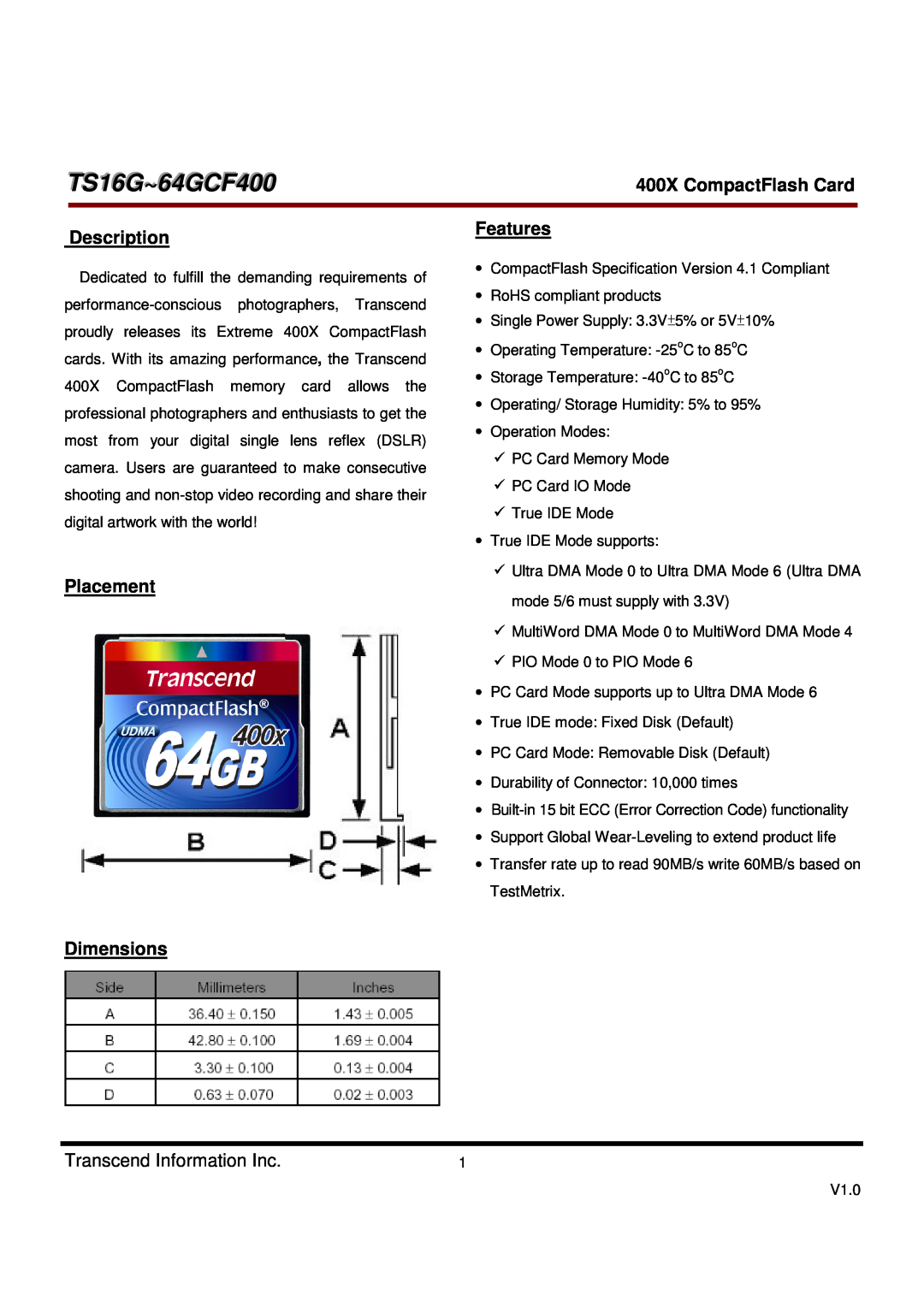 Transcend Information dimensions TS16G~64GCF400, Description, Placement, Features, Dimensions, 400X CompactFlash Card 