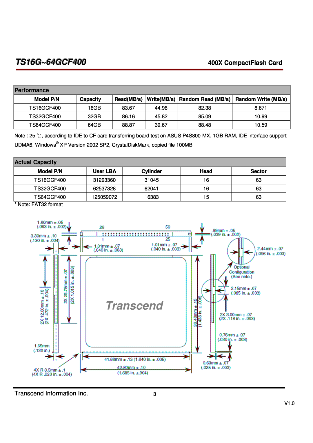 Transcend Information TS16G~64GCF400, Transcend Information Inc, 400X CompactFlash Card, Model P/N, Capacity 