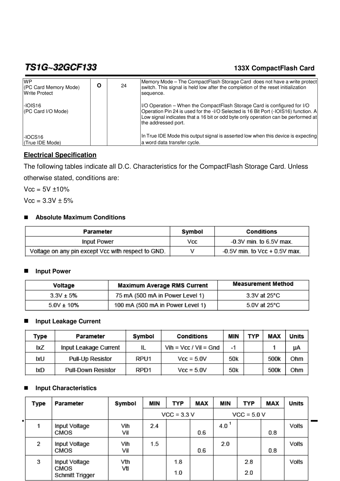 Transcend Information TS1G-32GCF133 dimensions TS1G~32GCF133, Electrical Specification 