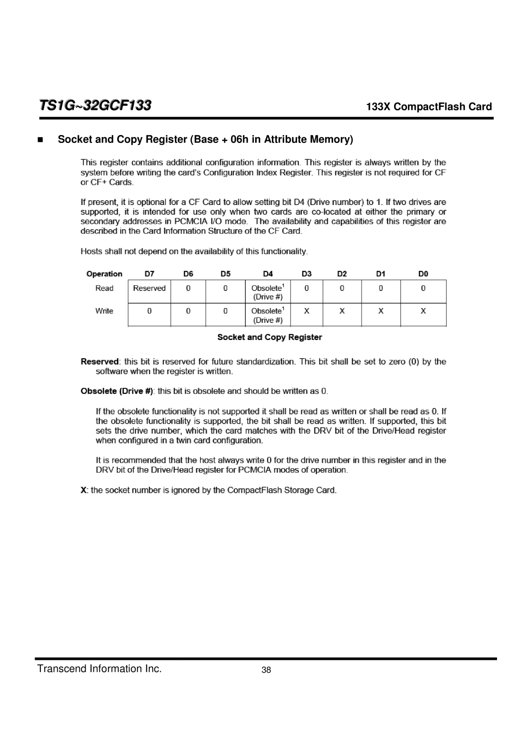 Transcend Information TS1G-32GCF133 dimensions Socket and Copy Register Base + 06h in Attribute Memory 