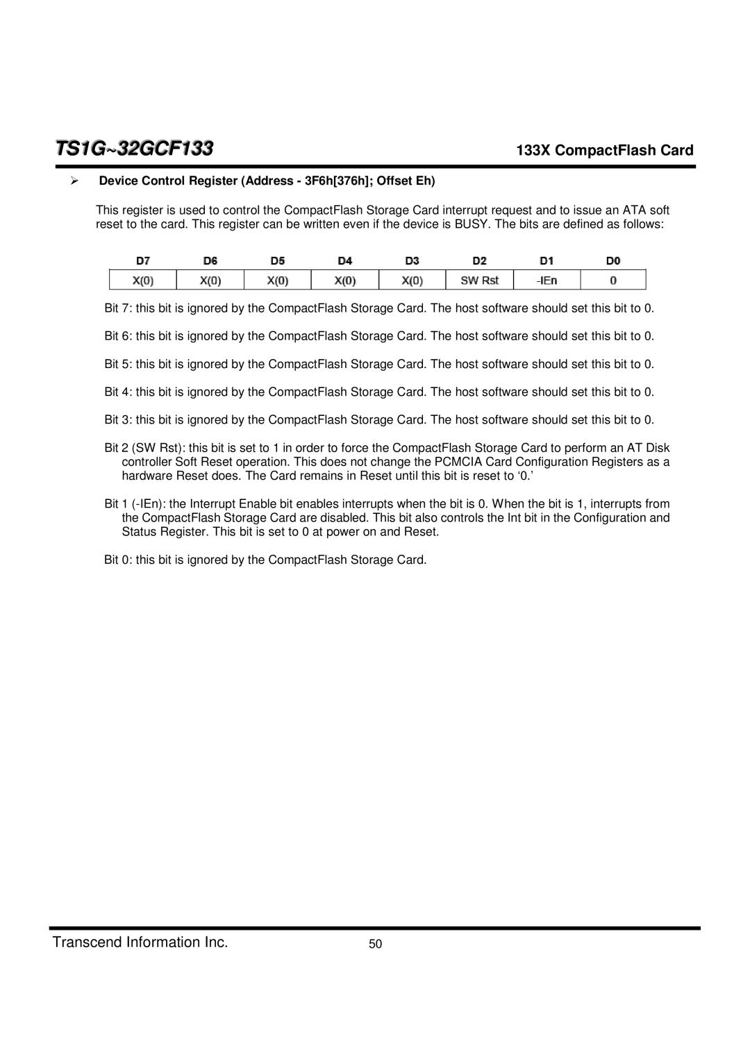 Transcend Information TS1G-32GCF133 dimensions Device Control Register Address 3F6h376h Offset Eh 