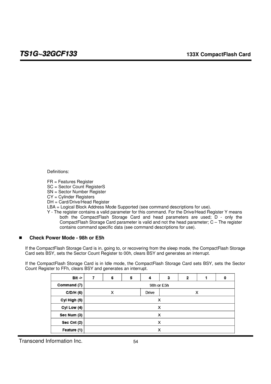 Transcend Information TS1G-32GCF133 dimensions Check Power Mode 98h or E5h 