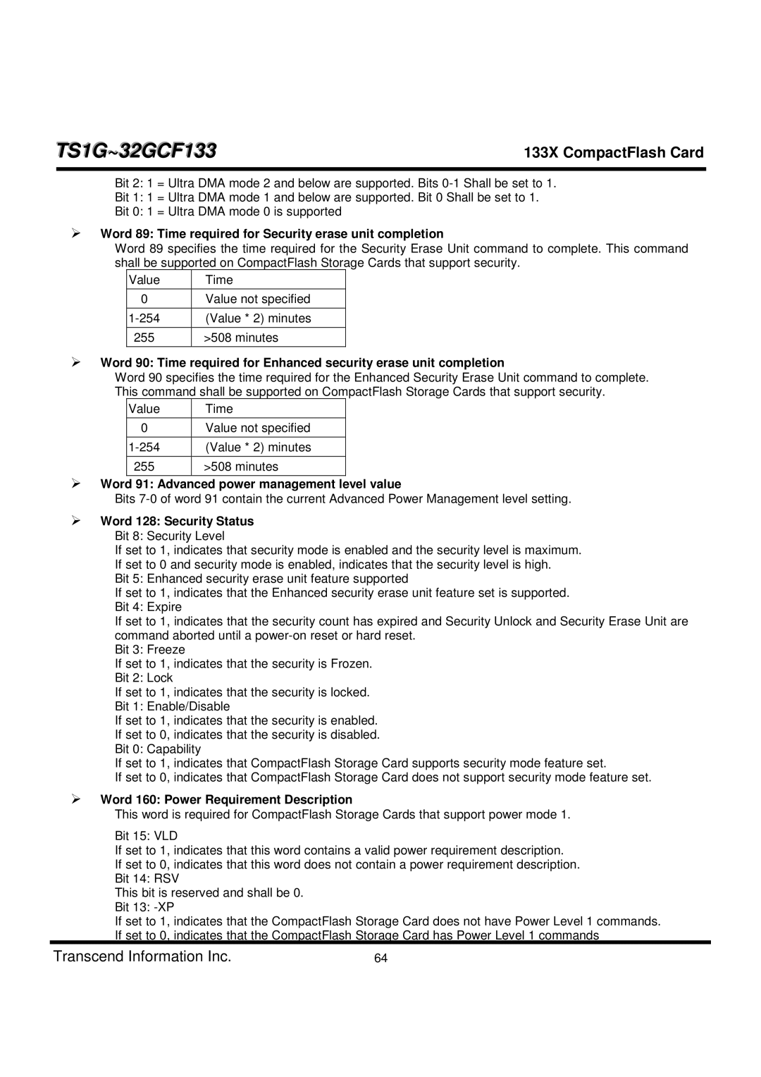 Transcend Information TS1G-32GCF133 dimensions Word 89 Time required for Security erase unit completion 