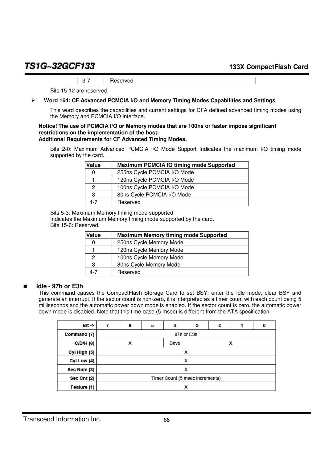 Transcend Information TS1G-32GCF133 dimensions Idle 97h or E3h, Value Maximum Pcmcia IO timing mode Supported 