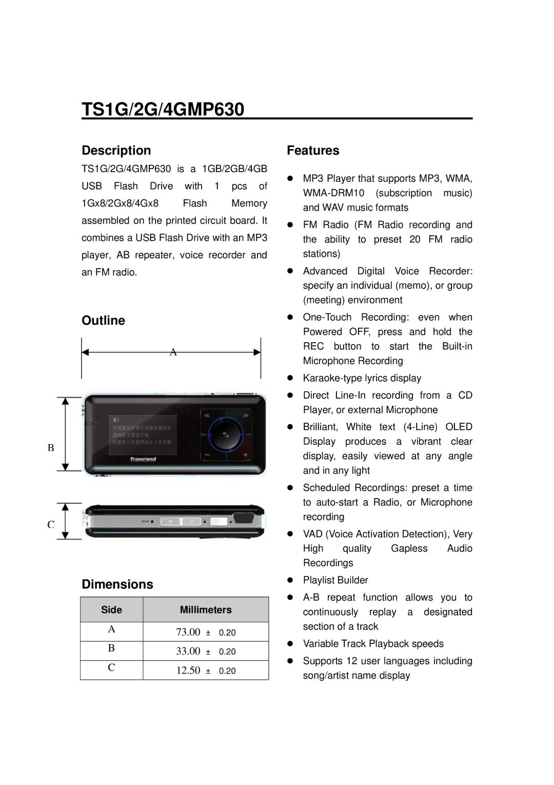 Transcend Information TS1GMP630 dimensions Description, Outline Dimensions, Features 