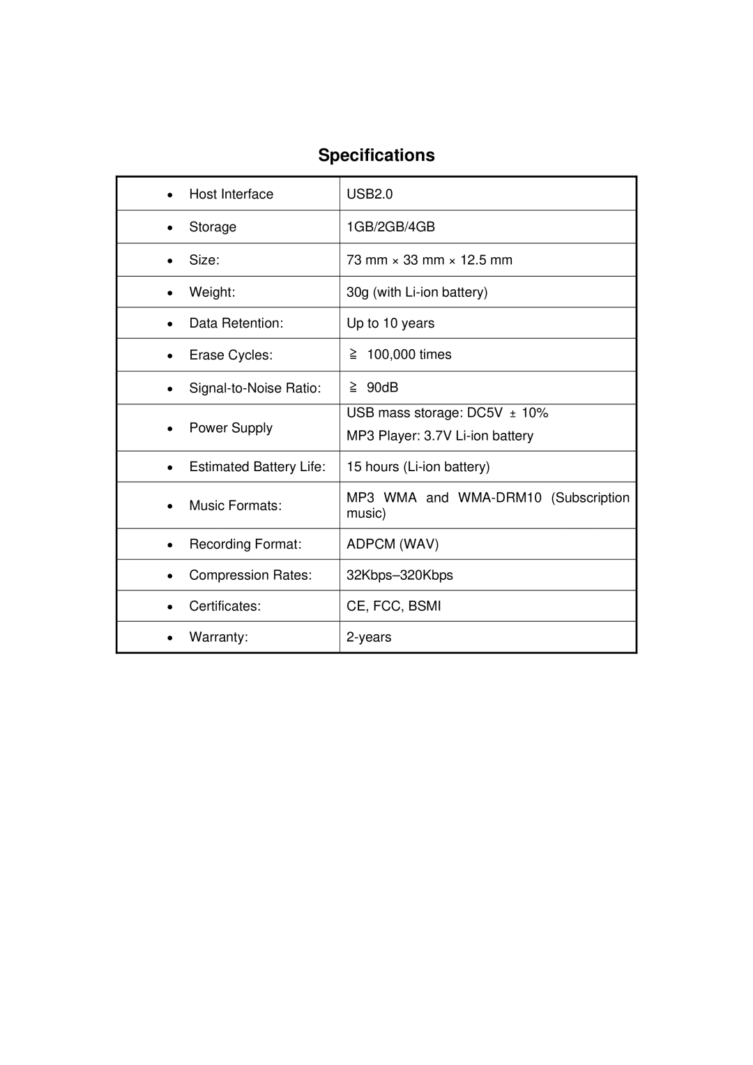 Transcend Information TS1GMP630 dimensions Specifications, 1GB/2GB/4GB 