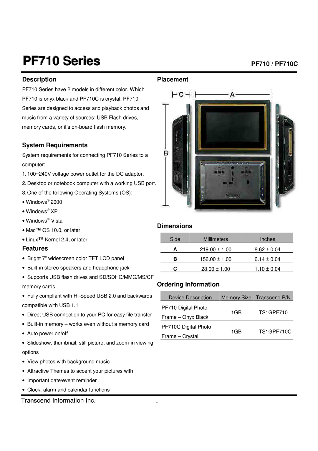 Transcend Information TS1GPF710C dimensions PF710 Series, Description Placement, System Requirements, Features 