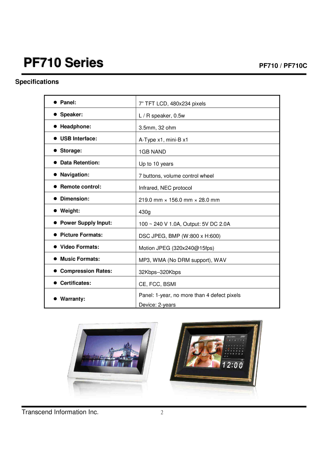 Transcend Information TS1GPF710C dimensions Specifications, 1GB Nand, CE, FCC, Bsmi 