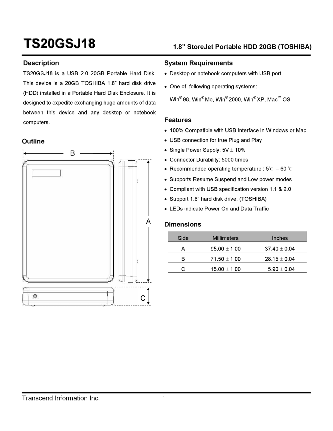 Transcend Information TS20GSJ18 dimensions StoreJet Portable HDD 20GB Toshiba, Description, Outline System Requirements 