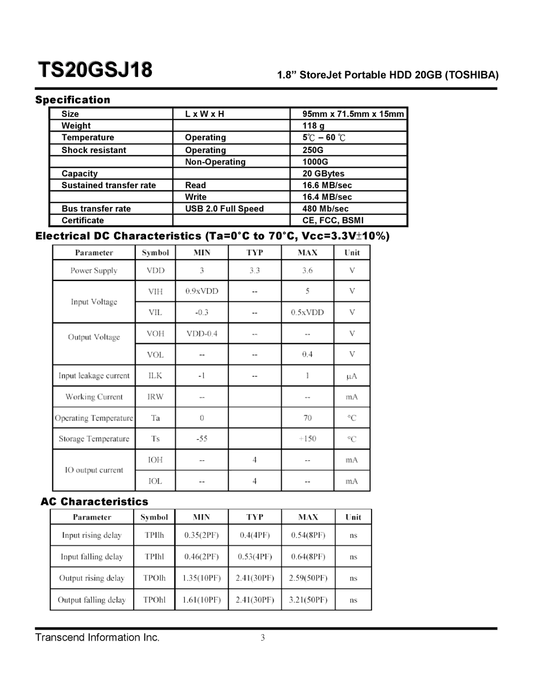 Transcend Information TS20GSJ18 dimensions Specification 