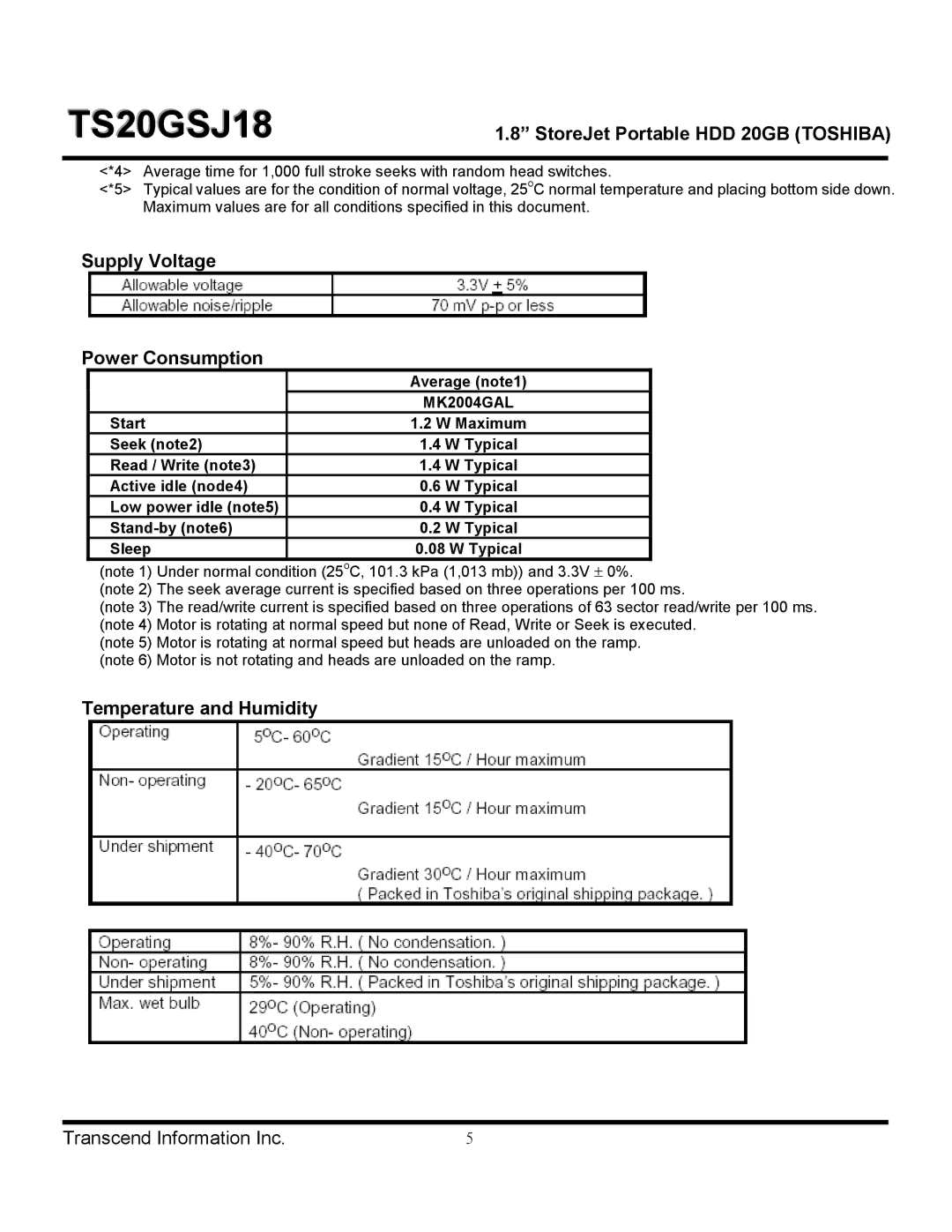 Transcend Information TS20GSJ18 dimensions Supply Voltage Power Consumption, Temperature and Humidity 