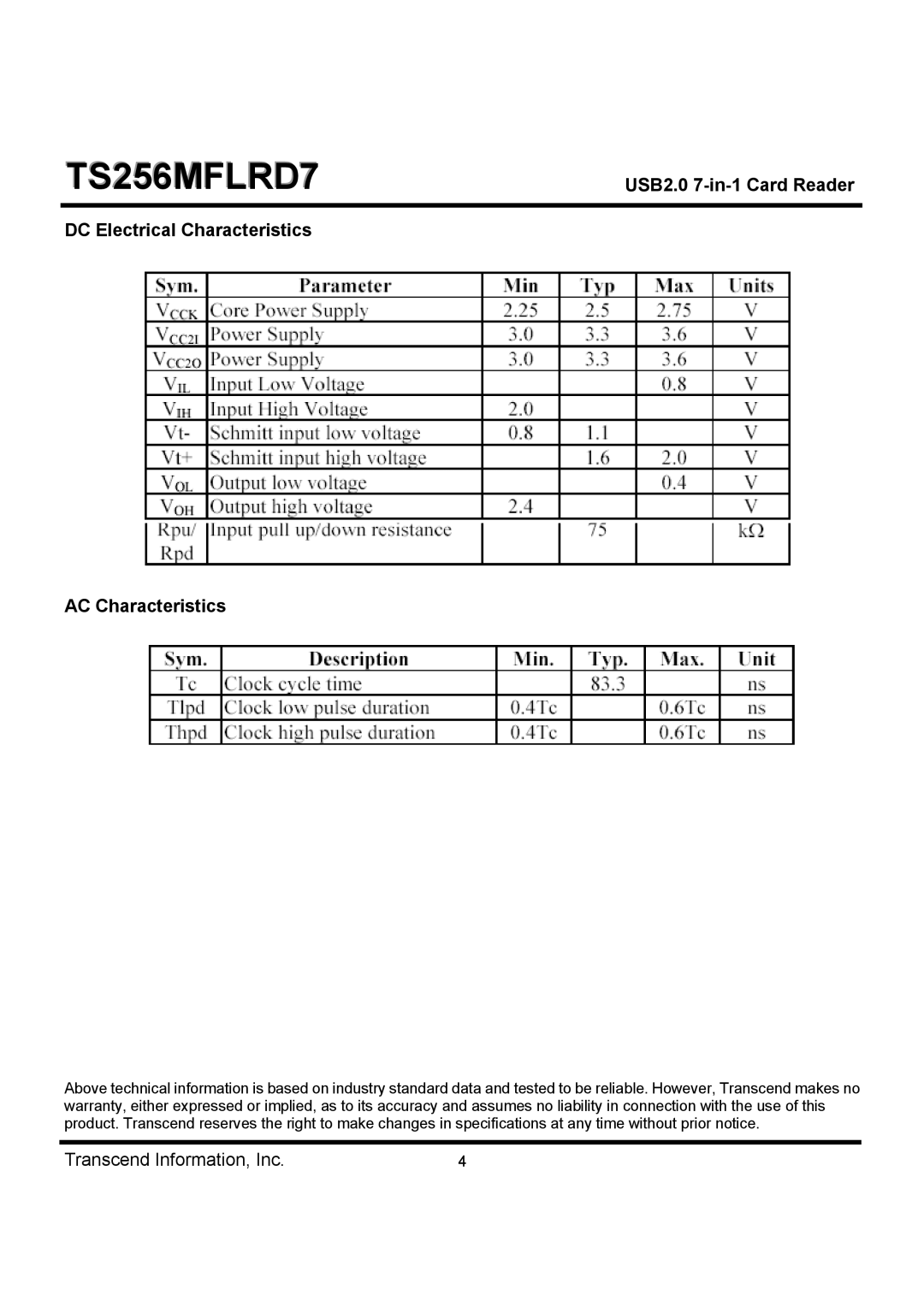 Transcend Information TS256MFLRD7 dimensions DC Electrical Characteristics AC Characteristics 