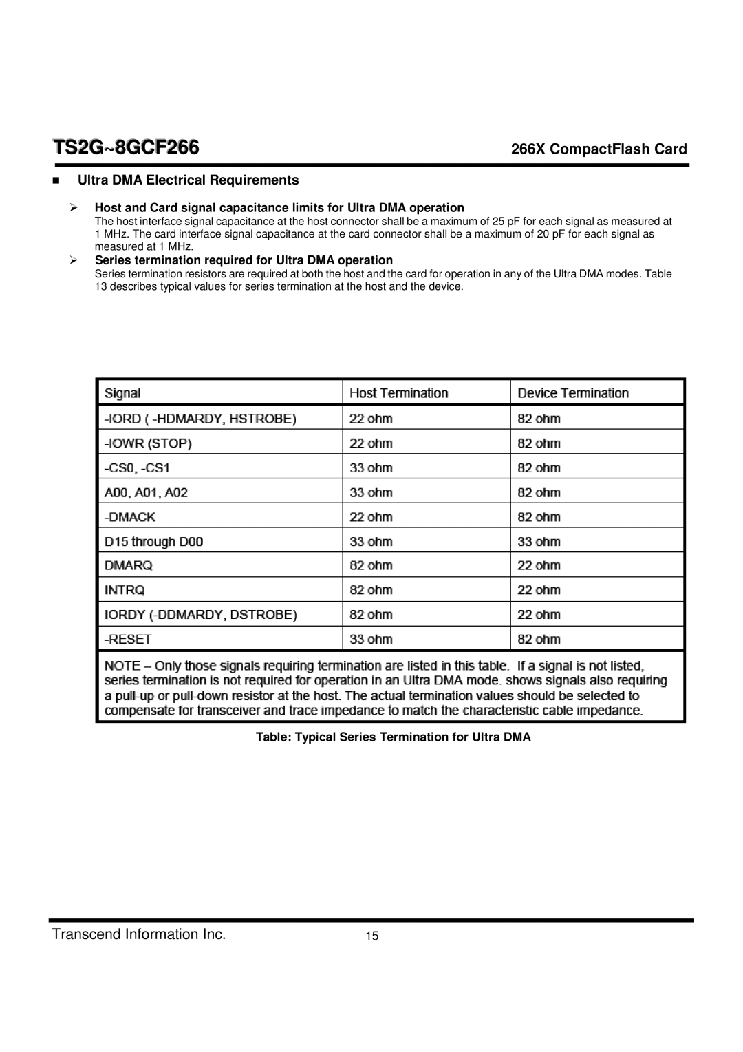 Transcend Information TS2G-8GCF266 Ultra DMA Electrical Requirements, Series termination required for Ultra DMA operation 