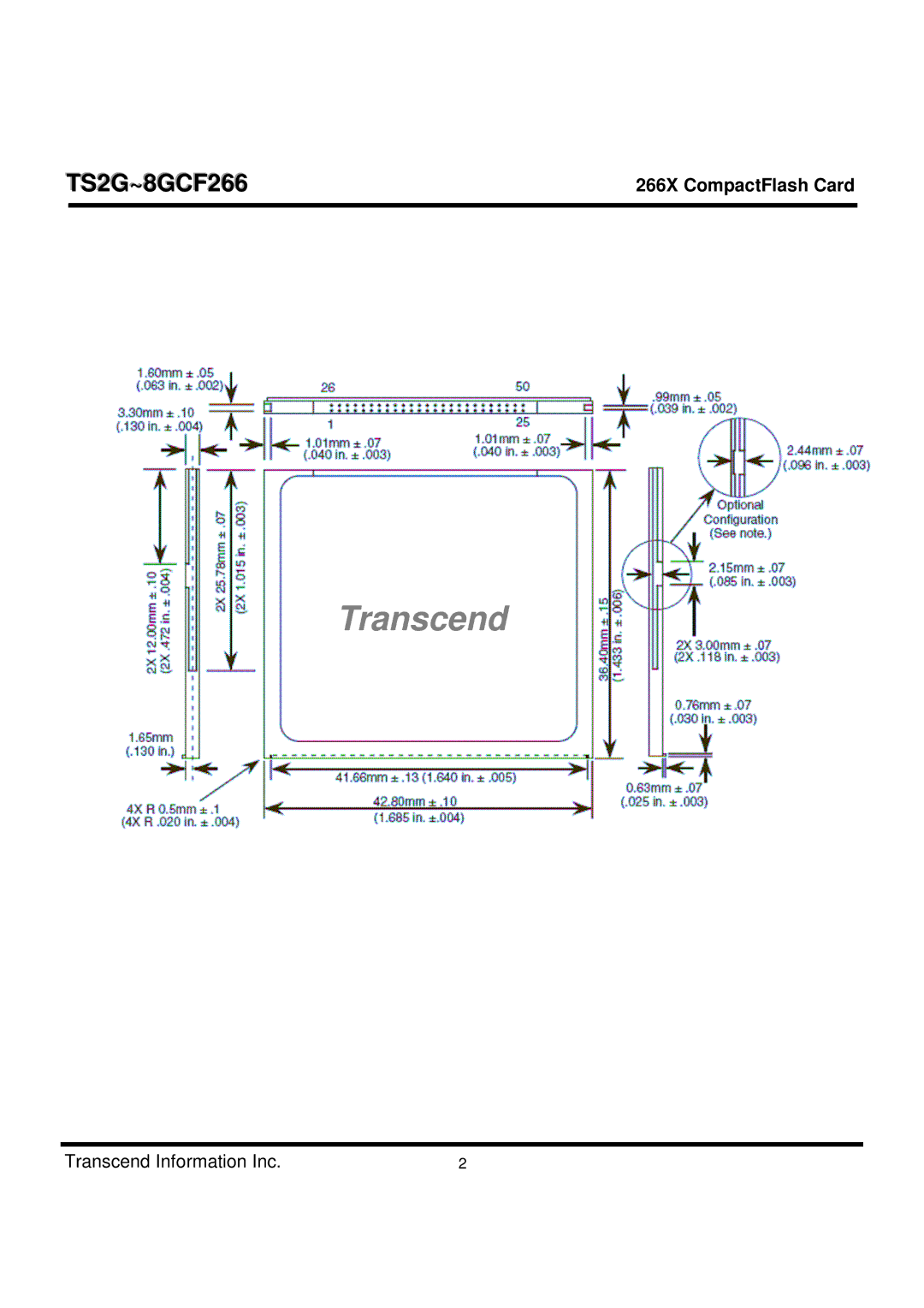 Transcend Information TS2G-8GCF266 manual Transcend 