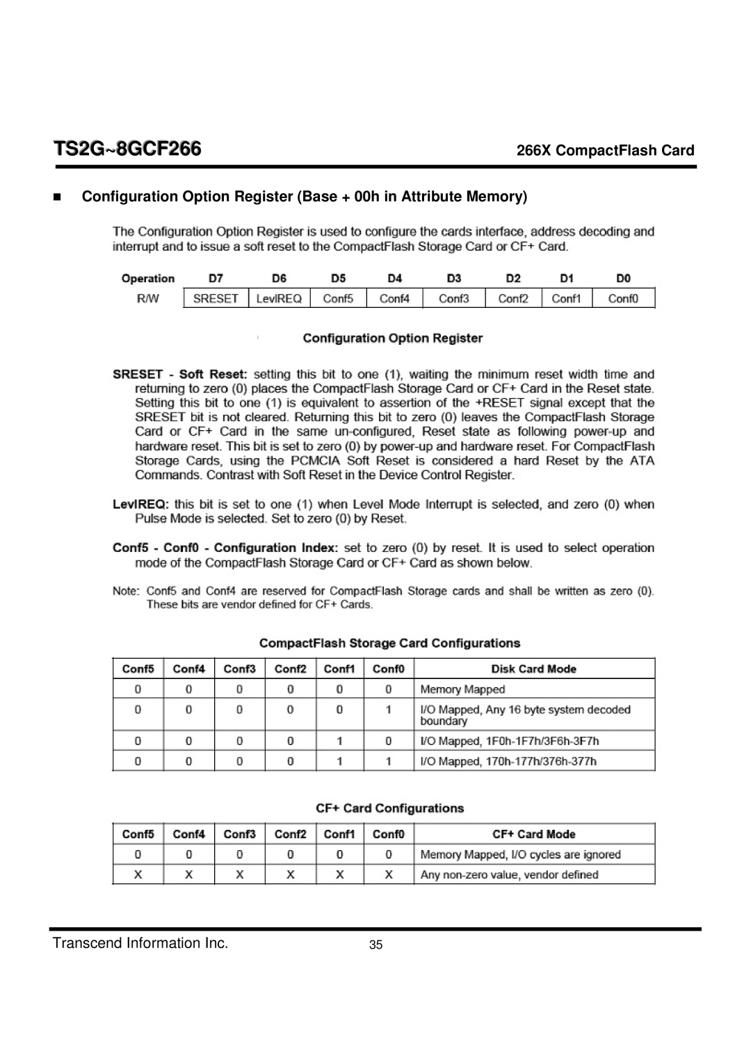 Transcend Information TS2G-8GCF266 manual Configuration Option Register Base + 00h in Attribute Memory 