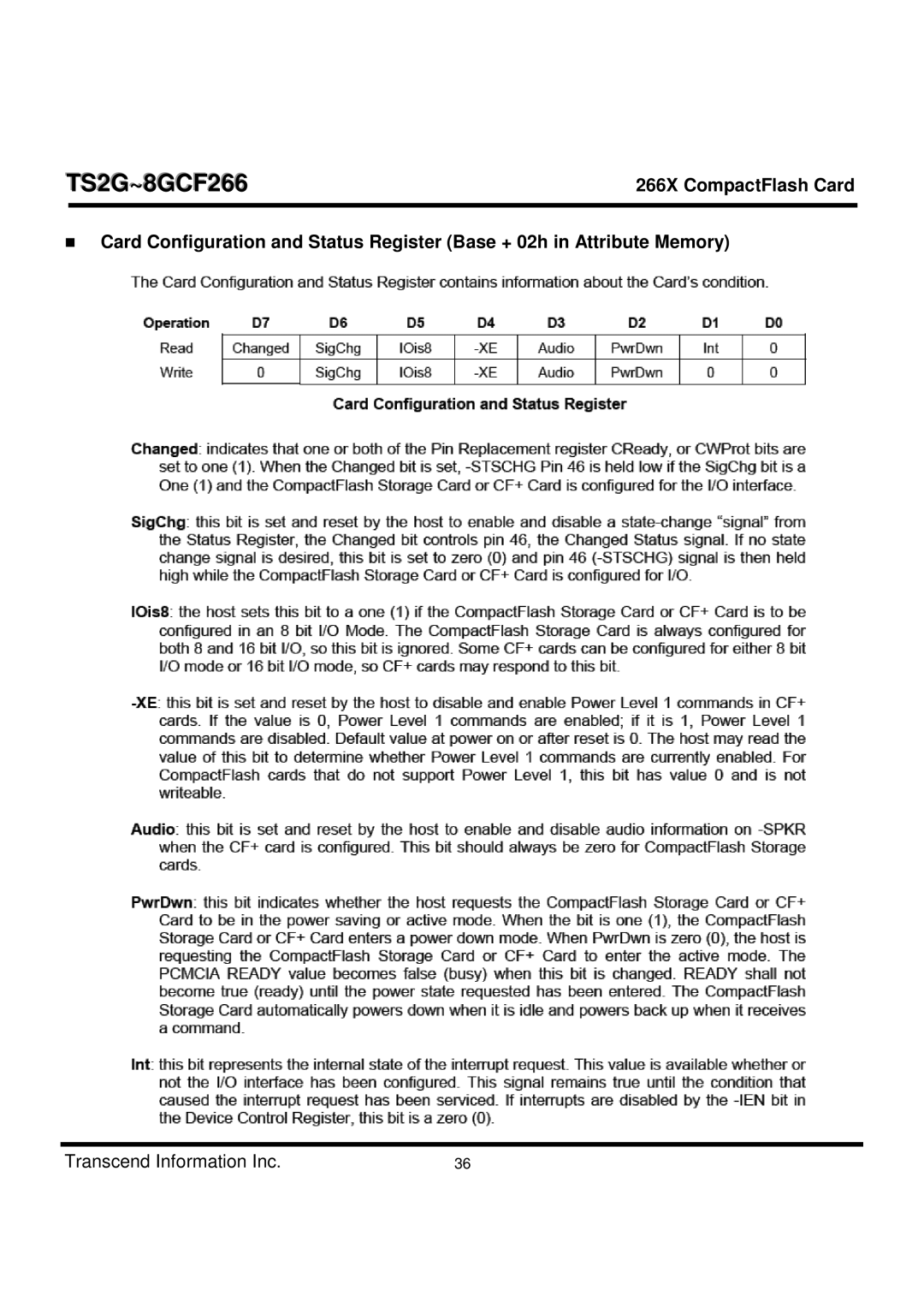 Transcend Information TS2G-8GCF266 manual TS2G~8GCF266 