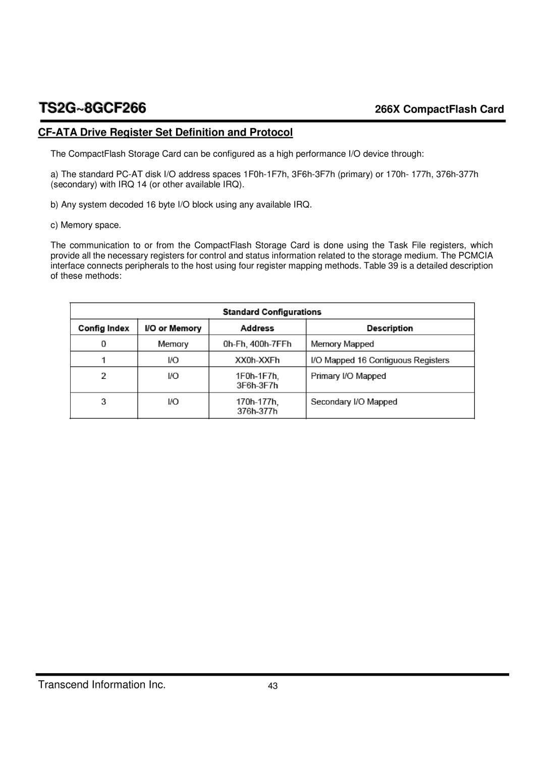 Transcend Information TS2G-8GCF266 manual CF-ATA Drive Register Set Definition and Protocol 