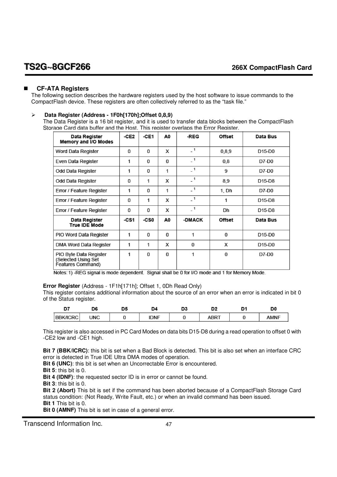 Transcend Information TS2G-8GCF266 manual CF-ATA Registers, Data Register Address 1F0h170hOffset 0,8,9 