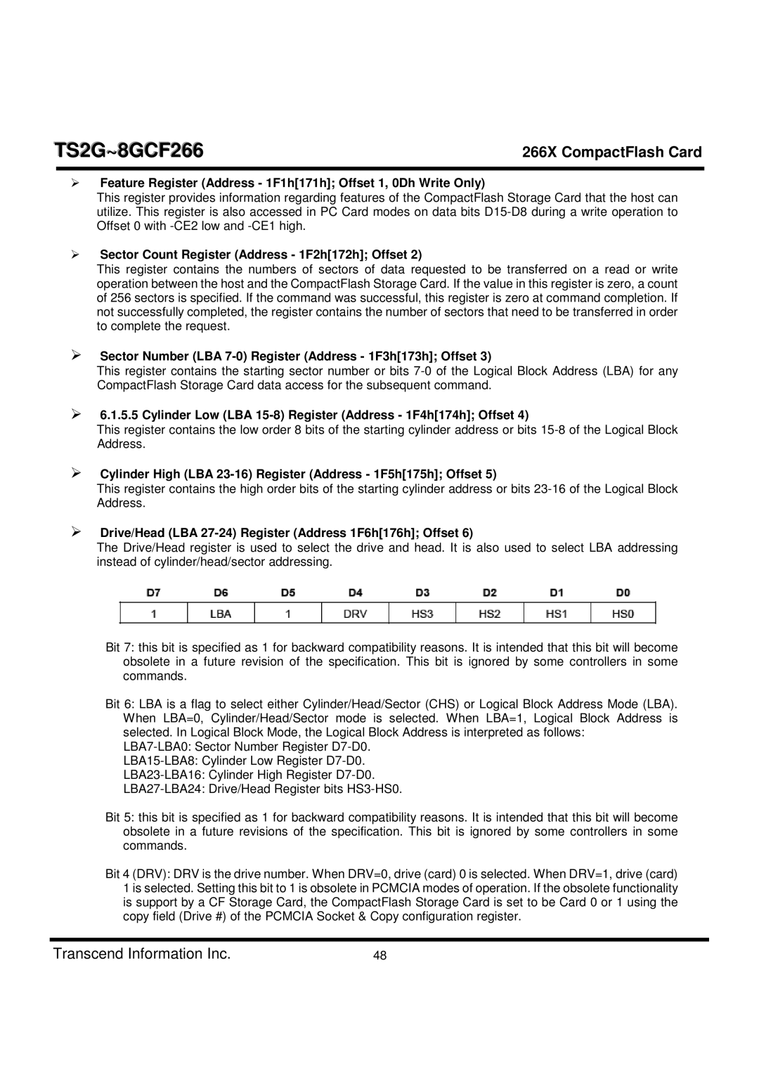 Transcend Information TS2G-8GCF266 manual Feature Register Address 1F1h171h Offset 1, 0Dh Write Only 