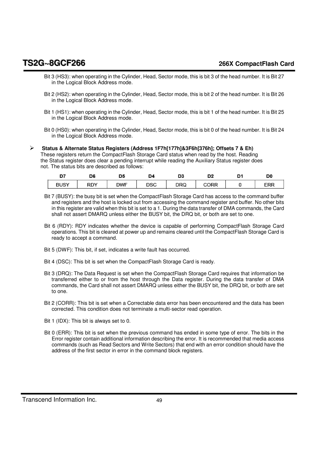 Transcend Information TS2G-8GCF266 manual TS2G~8GCF266 