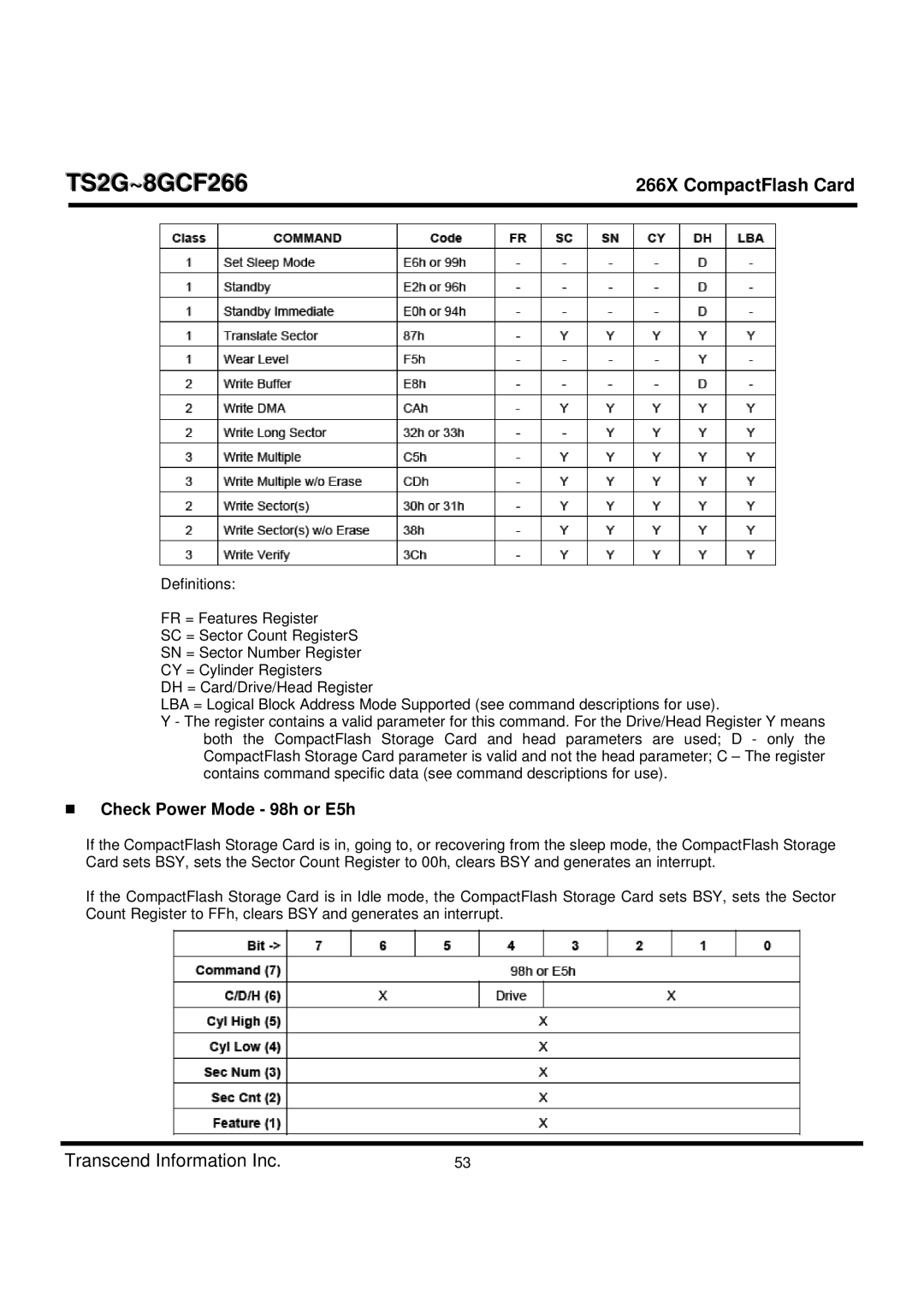 Transcend Information TS2G-8GCF266 manual Check Power Mode 98h or E5h 