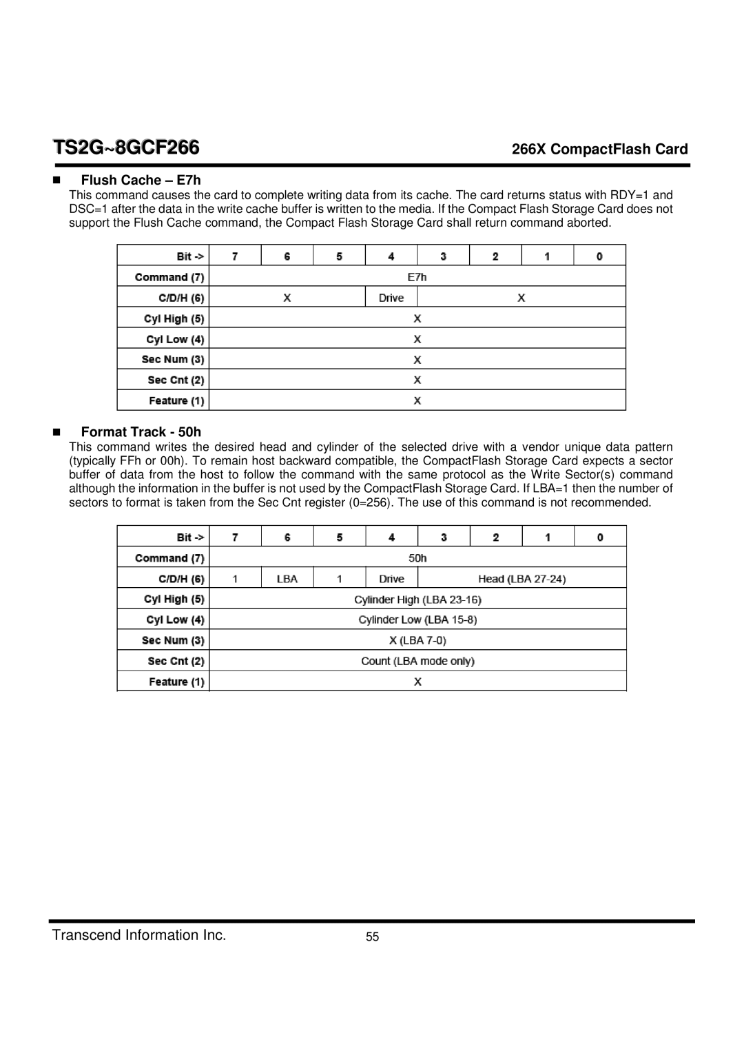 Transcend Information TS2G-8GCF266 manual Flush Cache E7h, Format Track 50h 