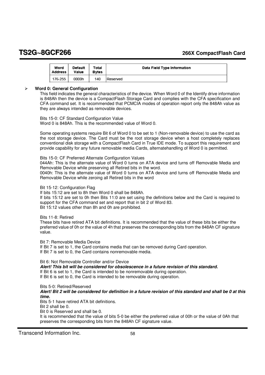 Transcend Information TS2G-8GCF266 manual Word 0 General Configuration 