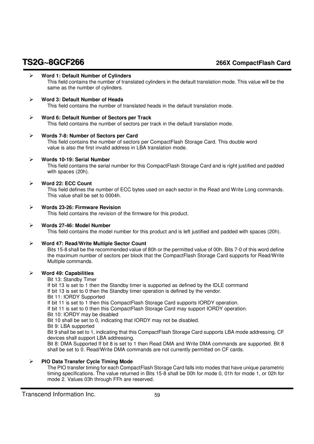 Transcend Information TS2G-8GCF266 Word 1 Default Number of Cylinders, Word 3 Default Number of Heads, Word 22 ECC Count 