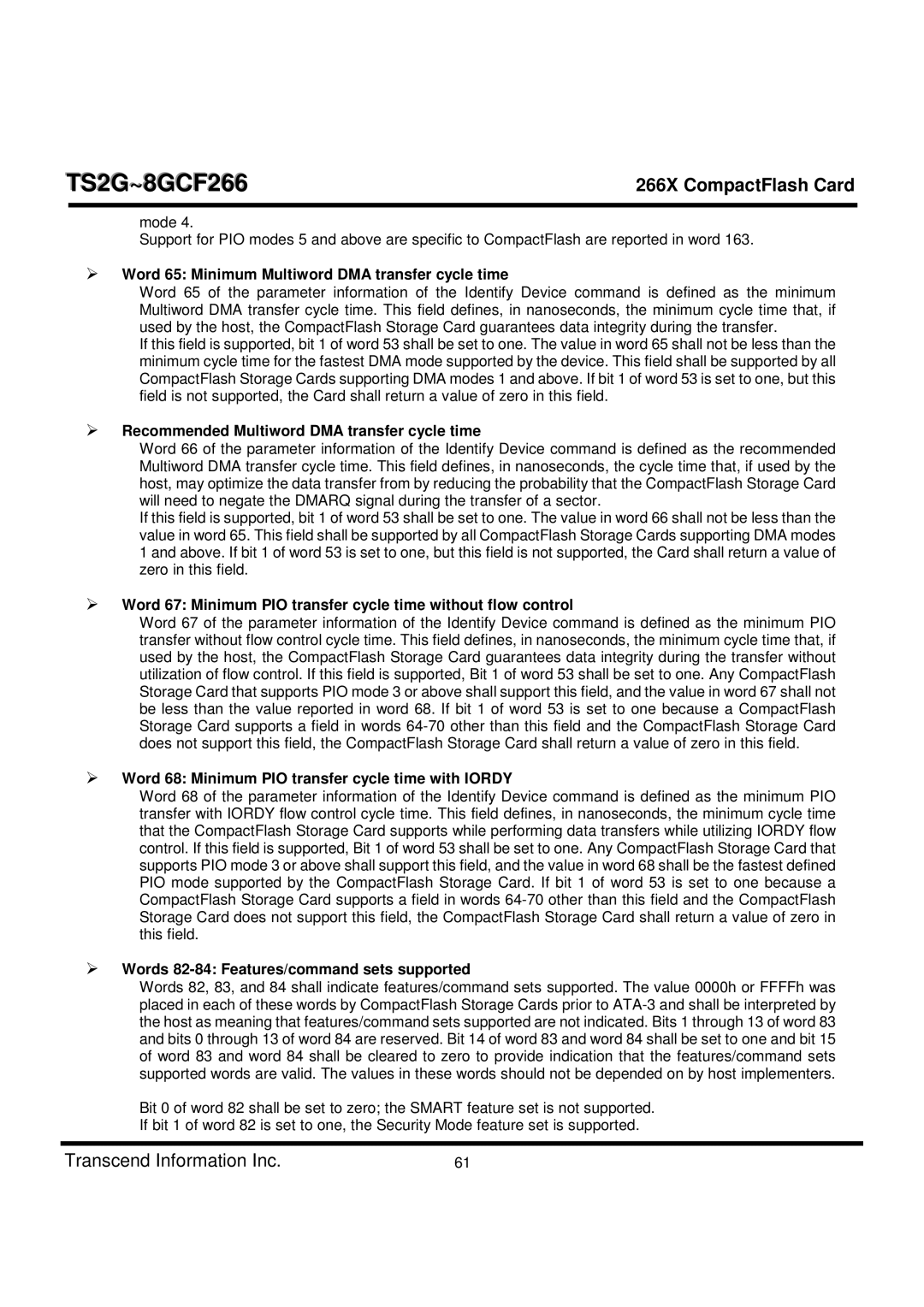 Transcend Information TS2G-8GCF266 manual Word 65 Minimum Multiword DMA transfer cycle time 