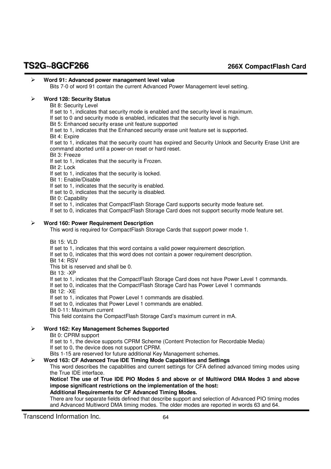 Transcend Information TS2G-8GCF266 Word 91 Advanced power management level value, Word 160 Power Requirement Description 