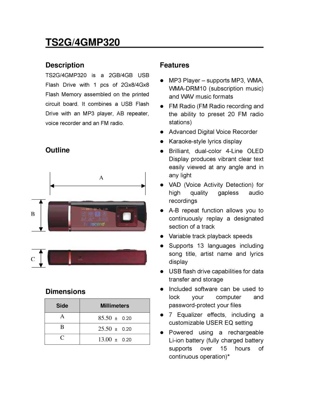 Transcend Information TS2G/4GMP320 dimensions DescriptionFeatures, Outline Dimensions 