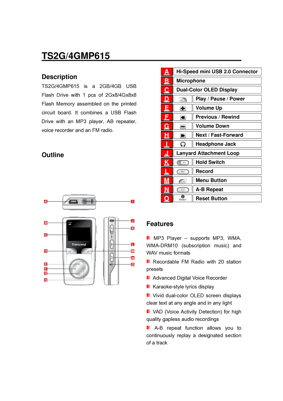 Transcend Information TS2G/4GMP615 manual Description, Outline, Features 