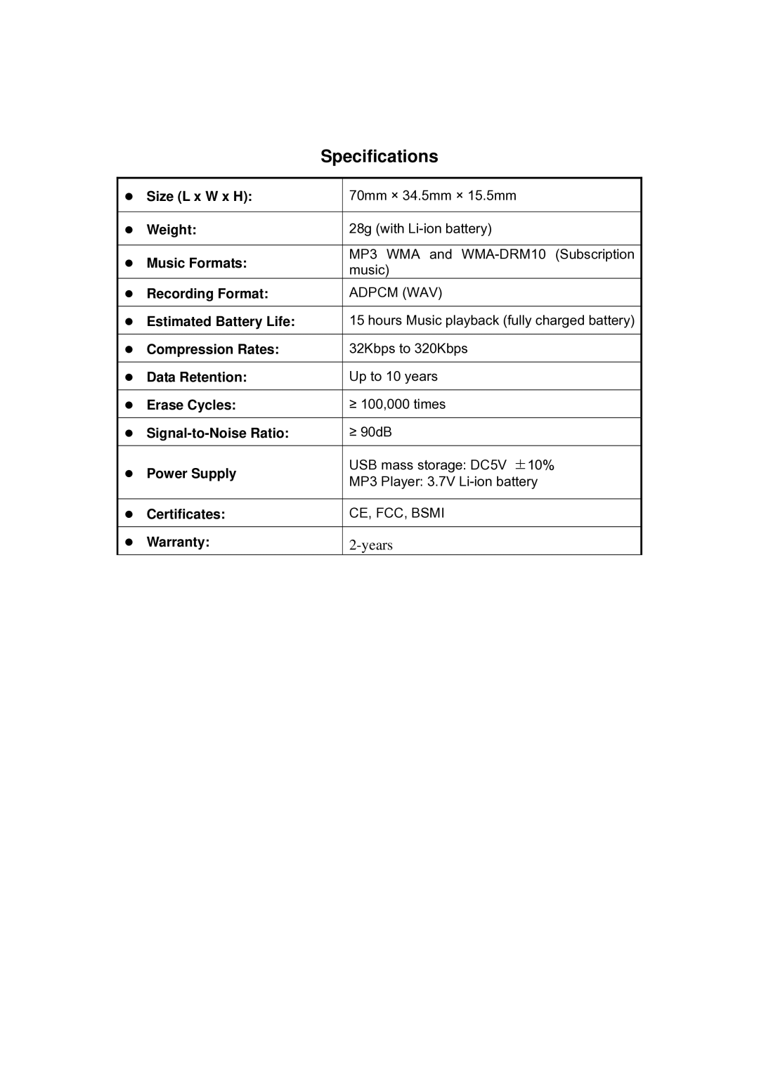 Transcend Information TS2G/4GMP615 manual Specifications 