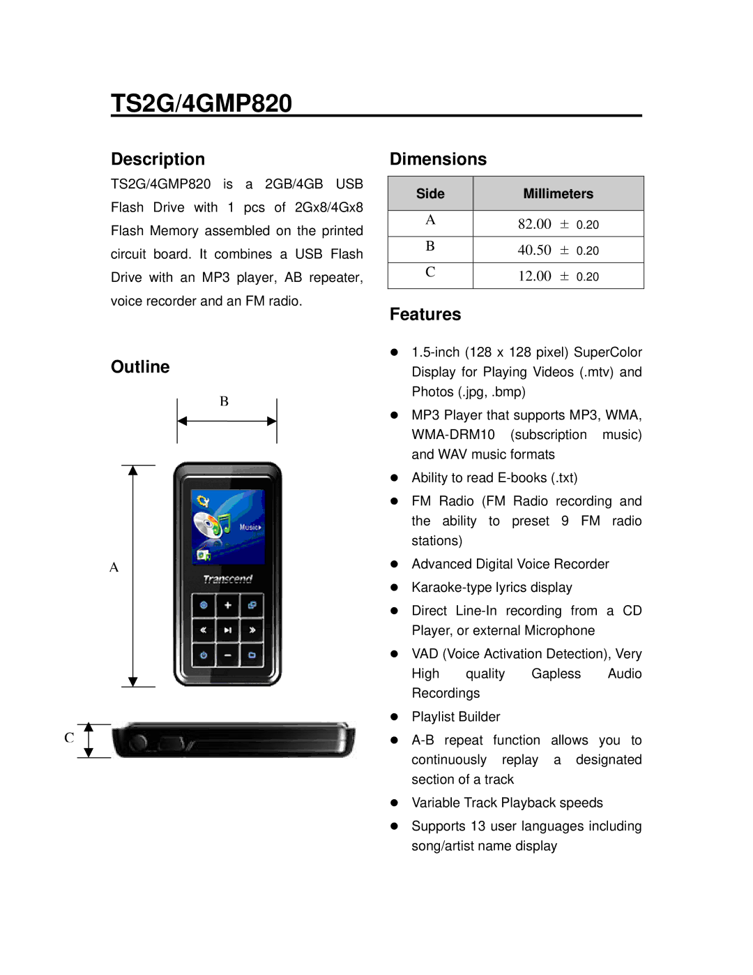 Transcend Information TS2G/4GMP820 dimensions Description, Outline Dimensions, Features 