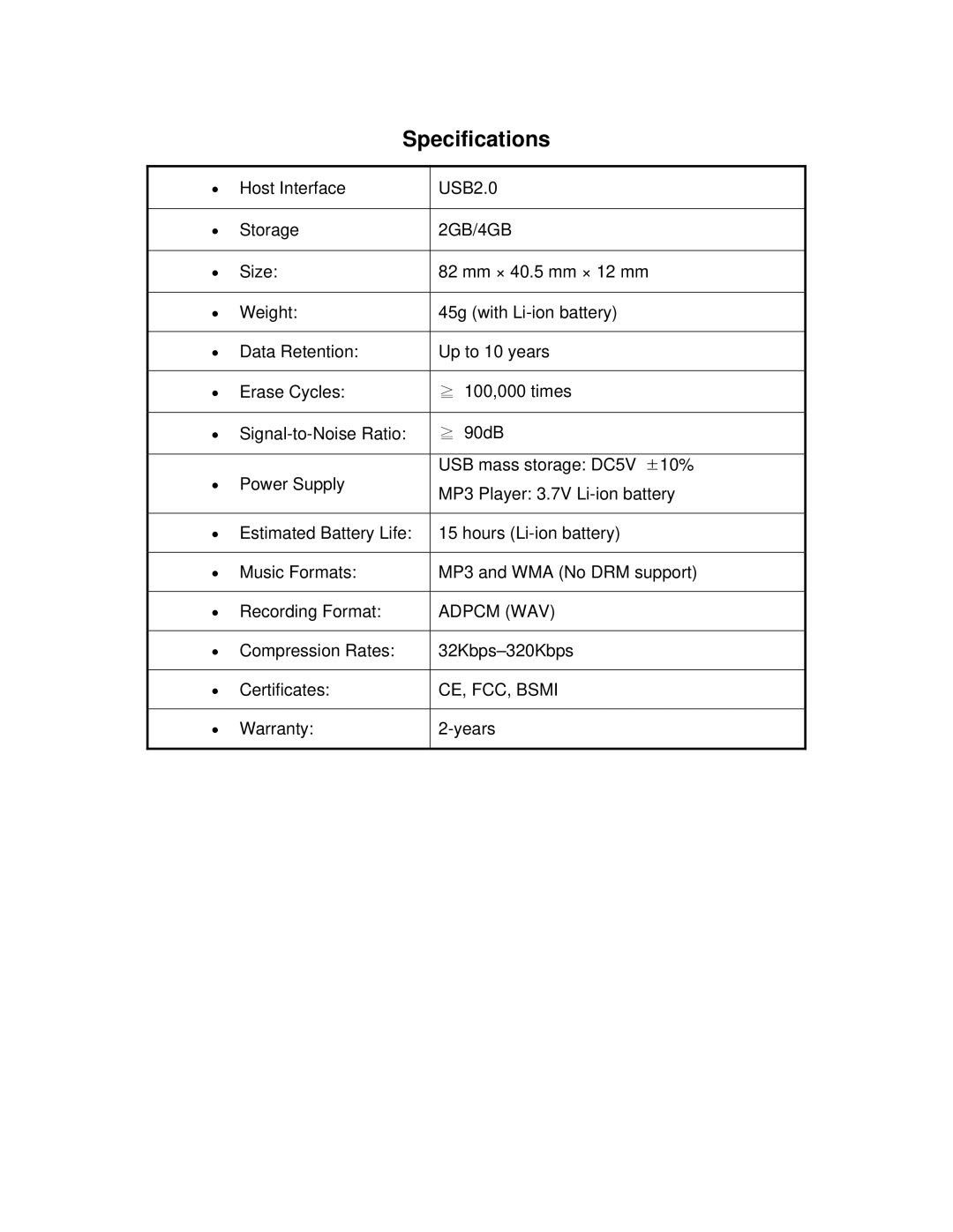 Transcend Information TS2G/4GMP820 dimensions Specifications, 2GB/4GB 