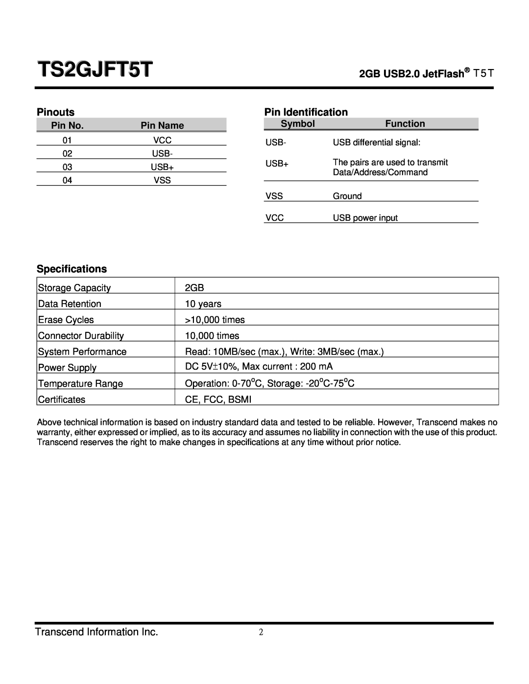 Transcend Information TS2GJFT5T dimensions Pinouts, Pin Identification, Specifications, Pin No, Pin Name, Symbol, Function 