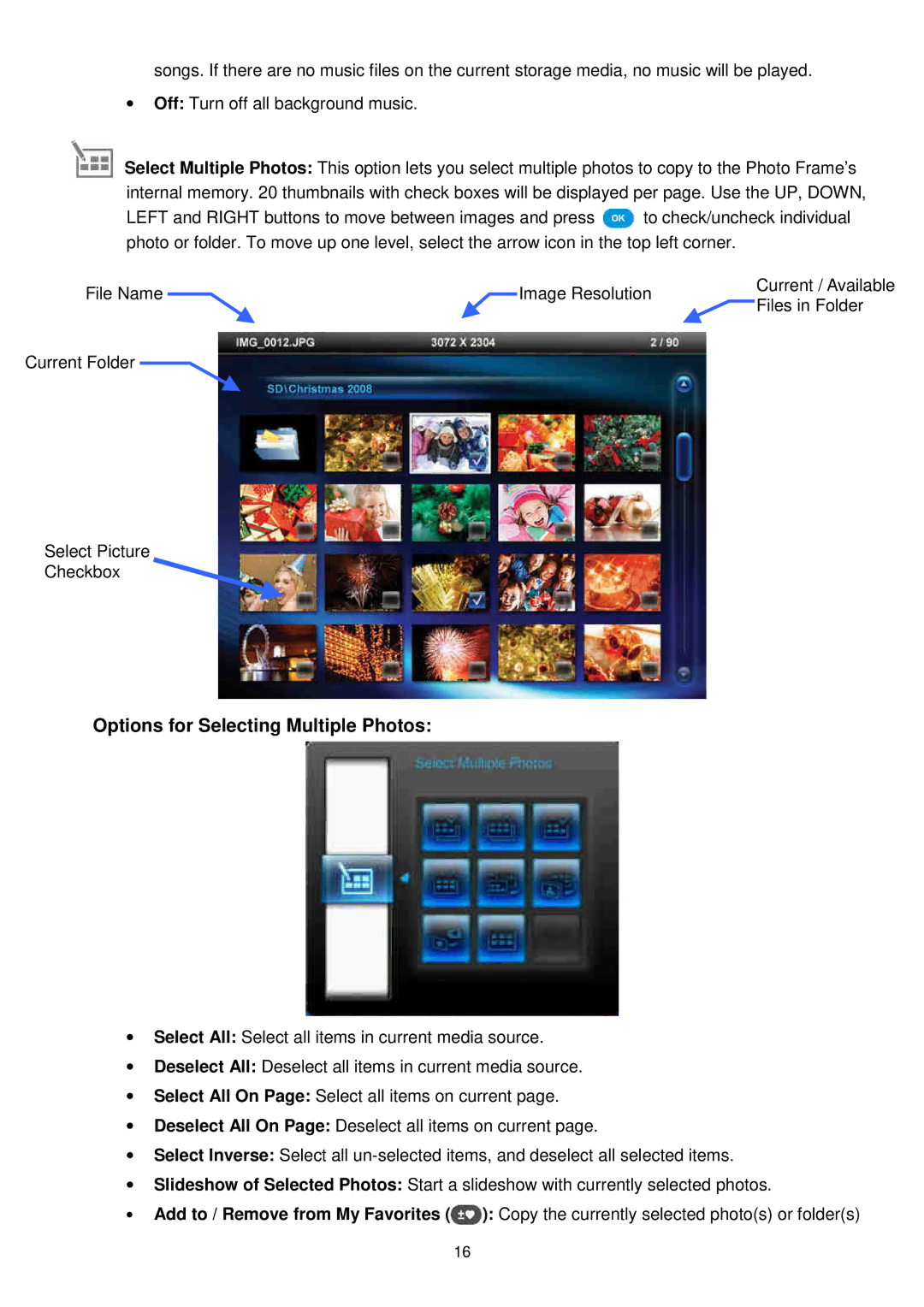 Transcend Information TS2GPF730W-J, TS2GPF730B-J user manual Options for Selecting Multiple Photos 