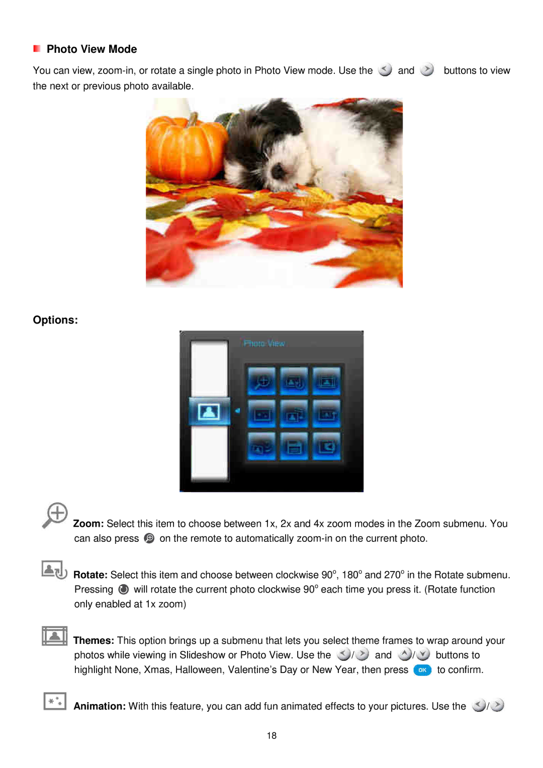 Transcend Information TS2GPF730W-J, TS2GPF730B-J user manual Photo View Mode, Options 