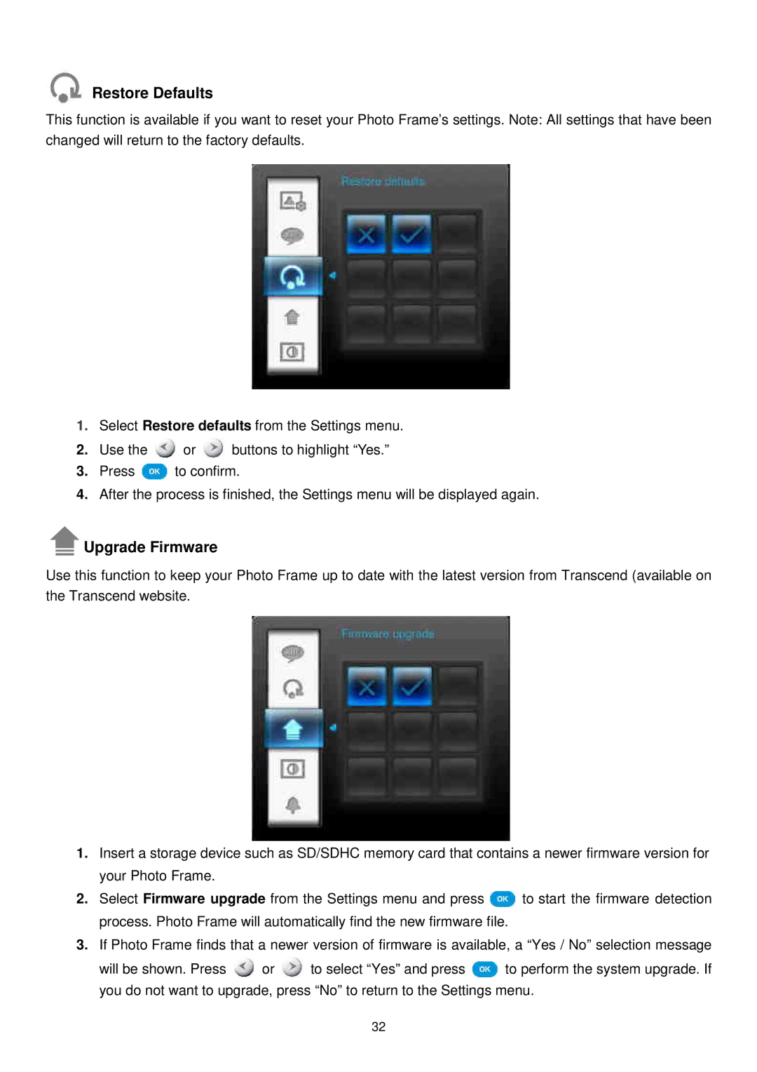 Transcend Information TS2GPF730B-J, TS2GPF730W-J user manual Restore Defaults, Upgrade Firmware 