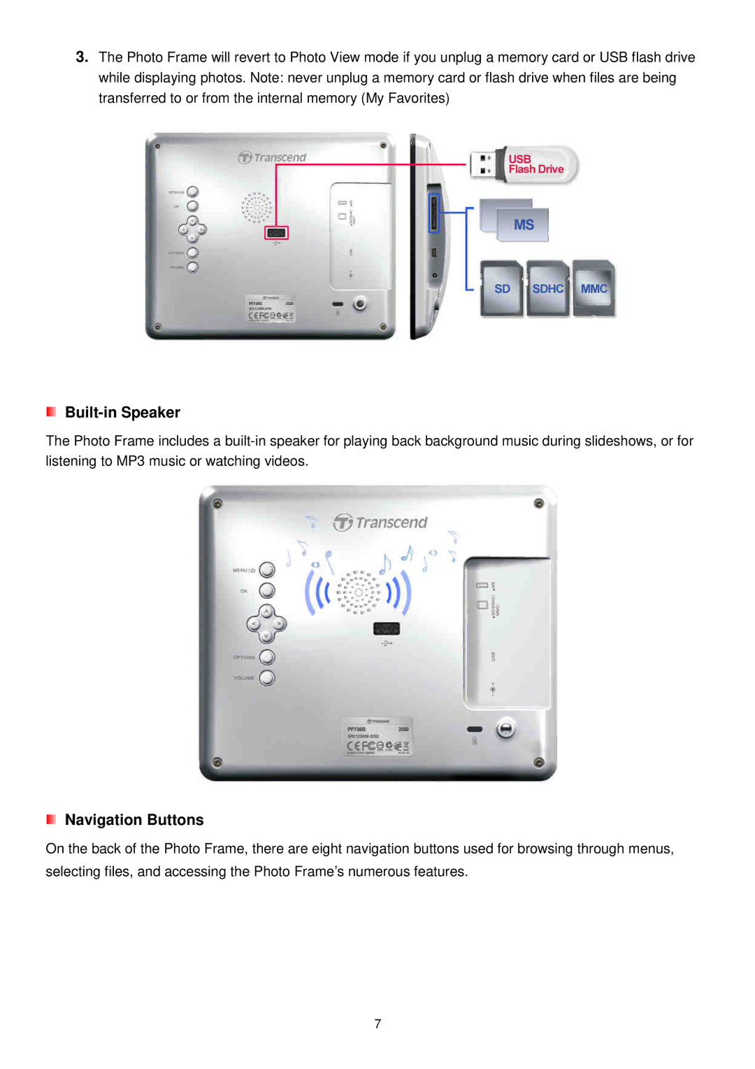 Transcend Information TS2GPF730B-J, TS2GPF730W-J user manual Built-in Speaker, Navigation Buttons 